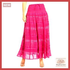 Boho Peasant Skirt Embroidered Lace Ribbon Tiered Smocked Waist Casual Summer